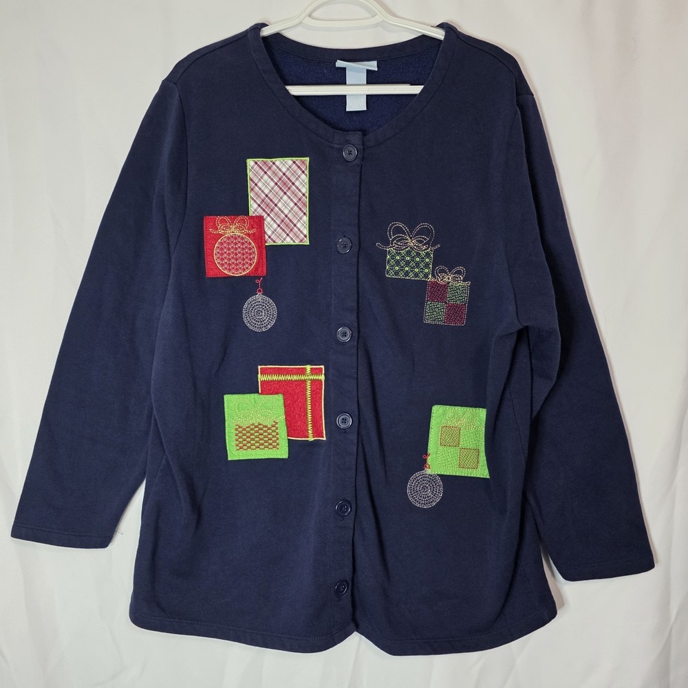 Vintage‎ Christmas Applique Sweater Womens 16W Navy Festive Cozy Cottagecore